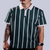 Men's green polo with retro horizontal stripes – athletic, breathable, stretch fit perfect for casual wear, golf, or travel.