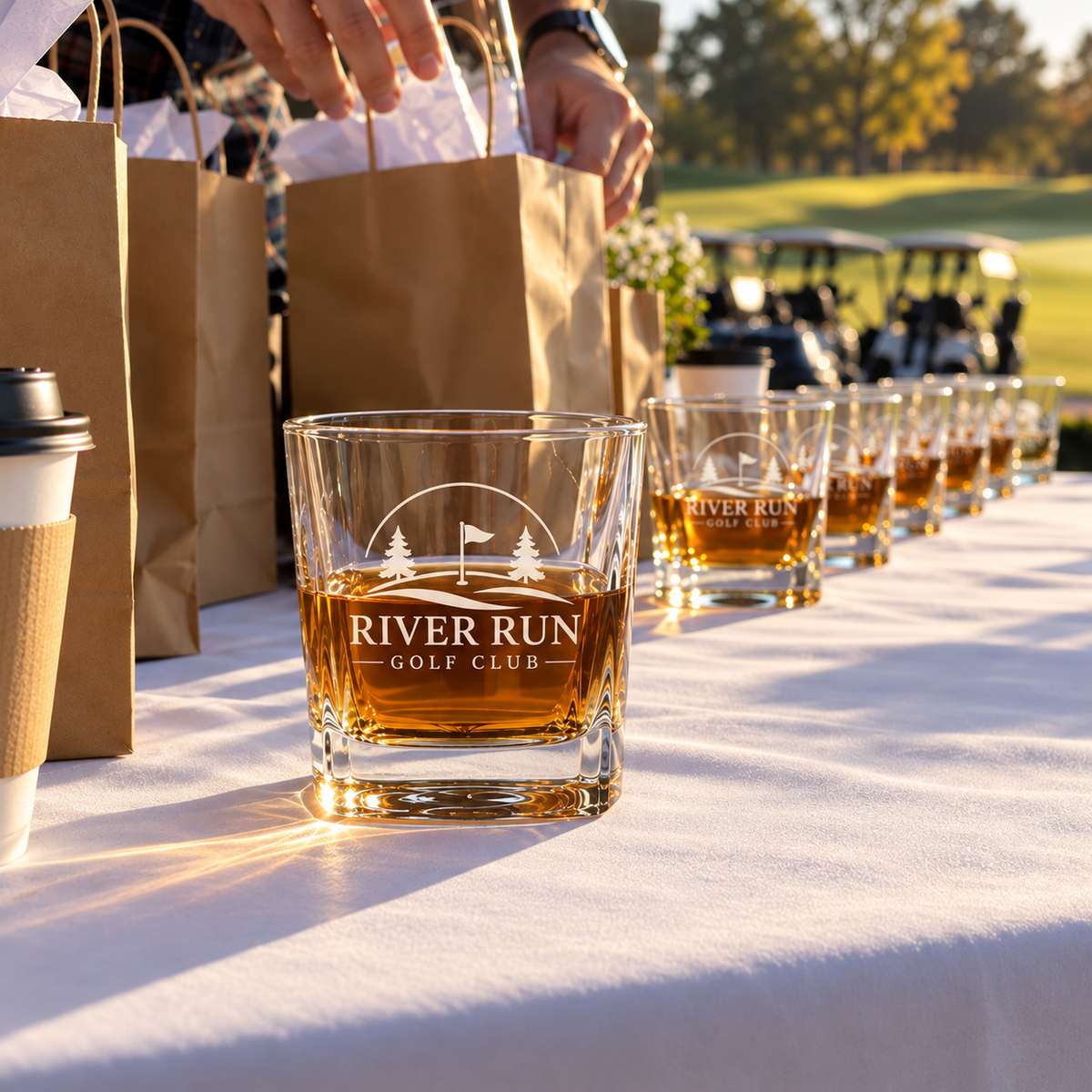 Custom logo whiskey glasses lined up on a golf outing check-in table beside tee gift bags, a volunteer packing one as a golf tournament gift