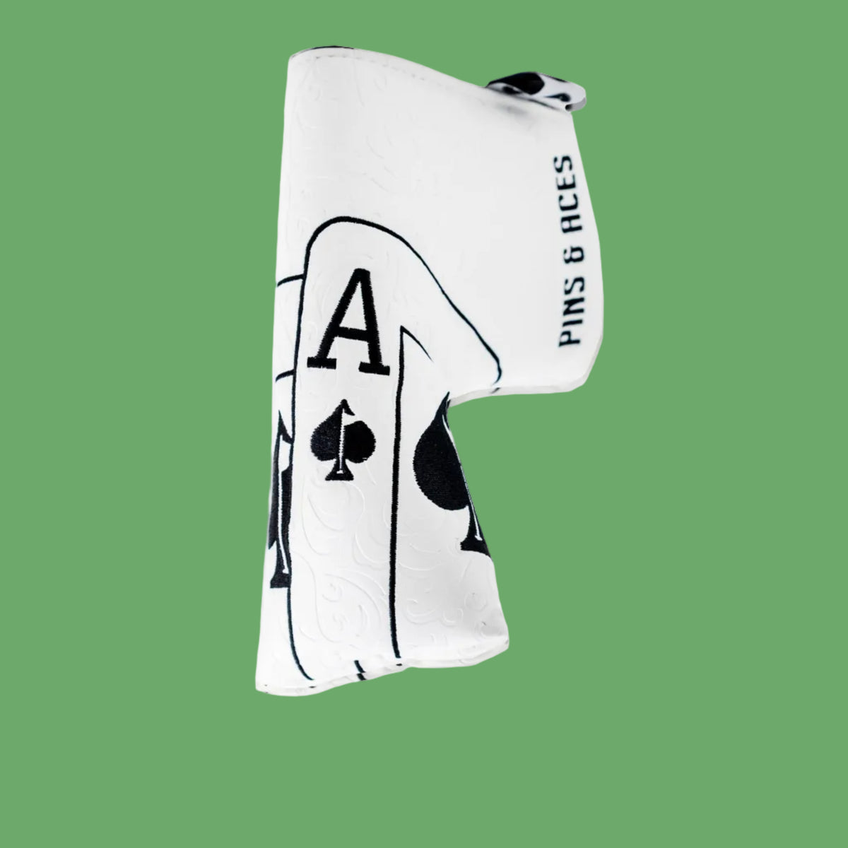 White embossed faux leather Ace of Spades blade putter cover with black embroidered playing card design