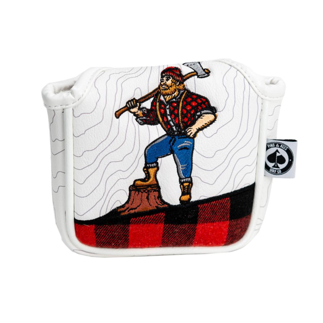 Golf mallet putter cover with embroidered lumberjack and red plaid design