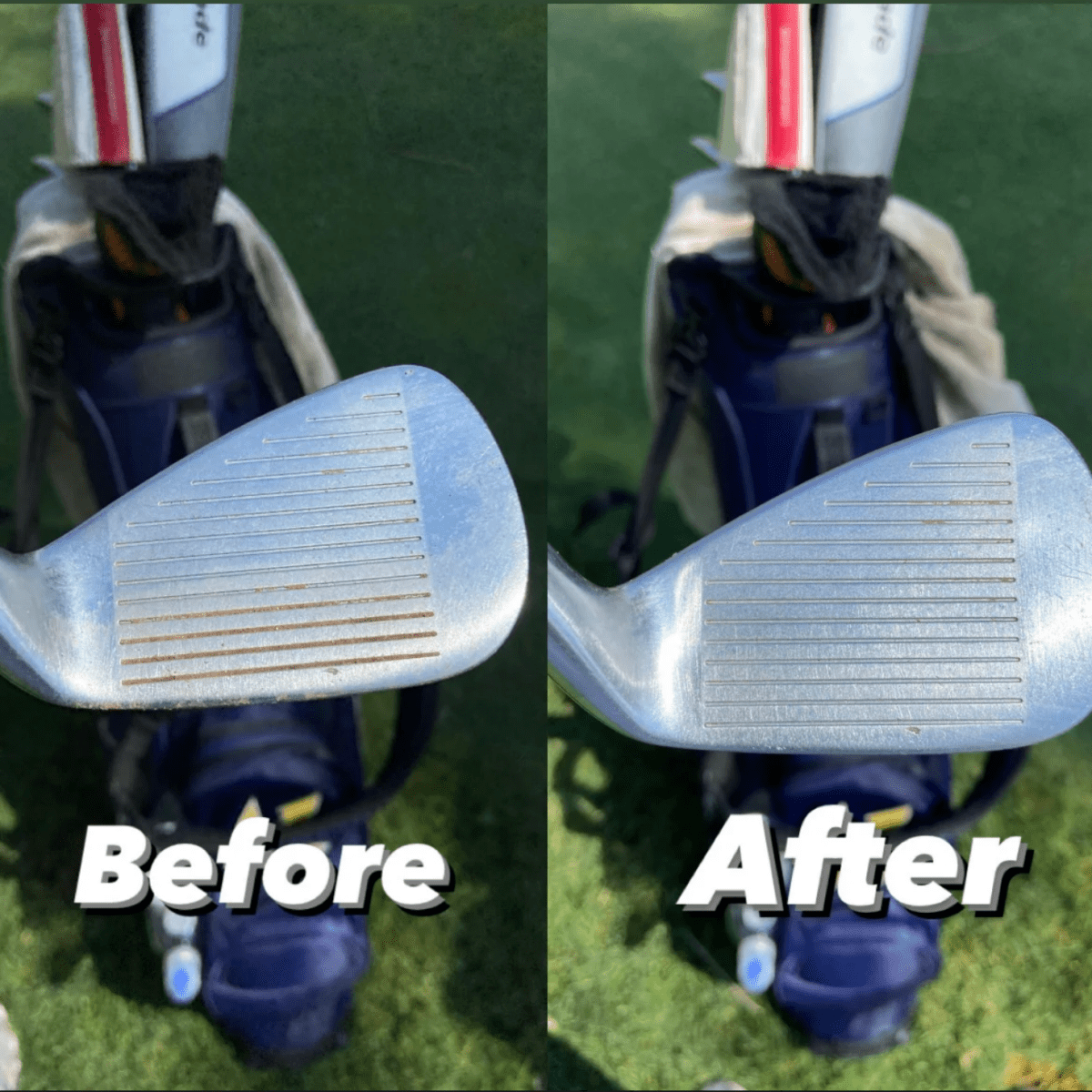 Before-and-after comparison showing golf club grooves cleaned with the caddy tool, displaying restored grooves on the right side versus worn grooves on the left