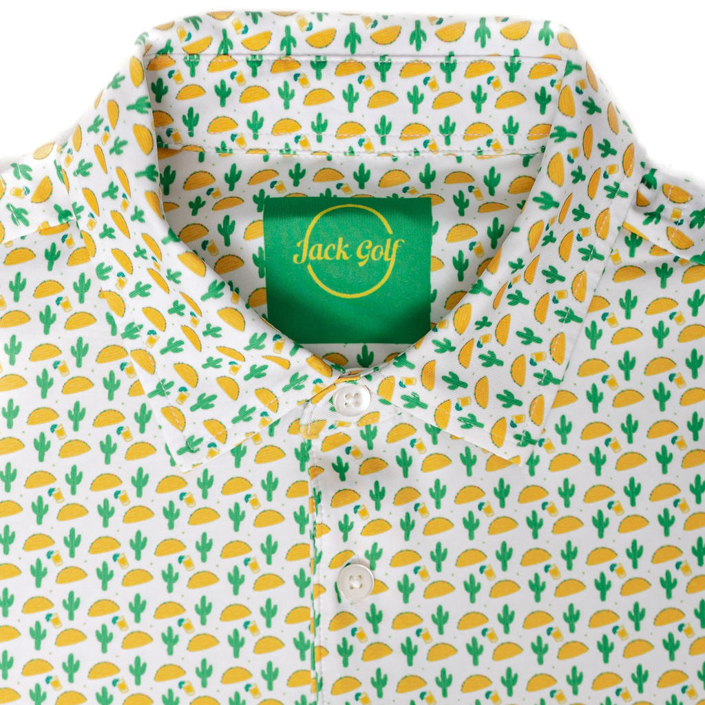 Taco Tuesday polo with taco, cactus, and tequila design