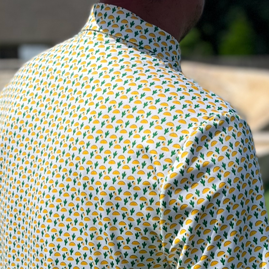Taco Tuesday polo with taco, cactus, and tequila design