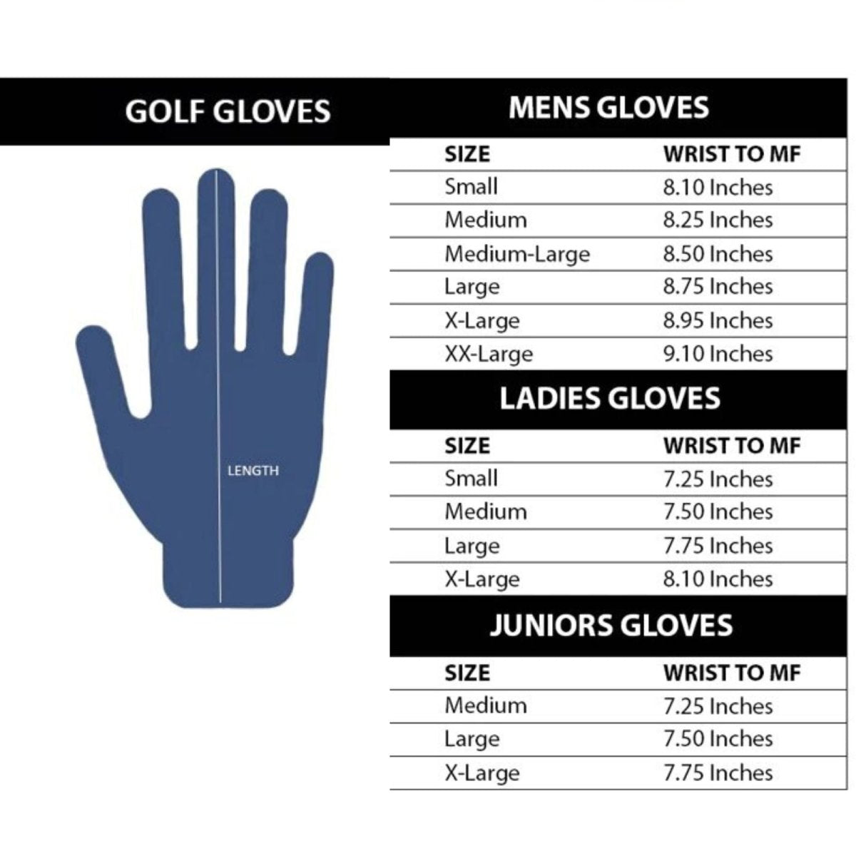Golf glove sizing chart showing hand silhouette with length measurement line, and wrist-to-middle-finger measurements for men's, ladies, and juniors sizes.