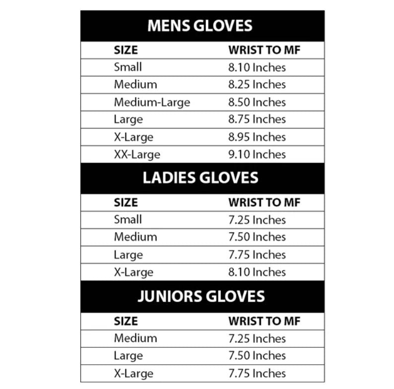 Sizing chart for golf gloves showing measurements in wrist-to-middle-finger inches for men's, ladies, and juniors sizes ranging from small to XX-large
