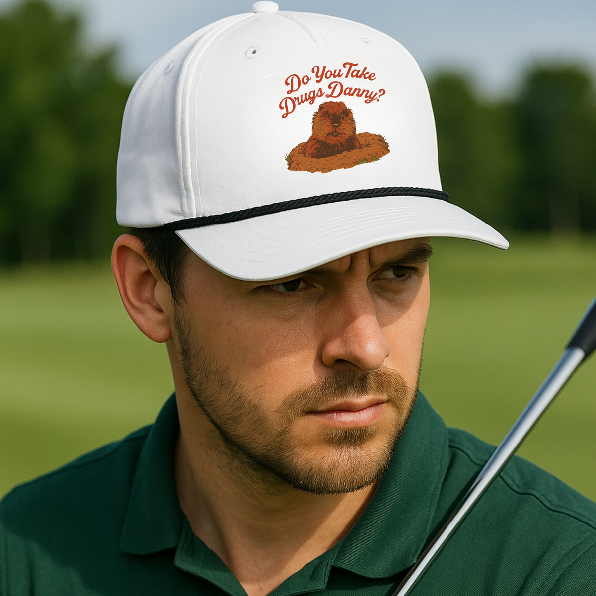 Funny golf hat with gopher and “Do You Take Drugs, Danny?” quote