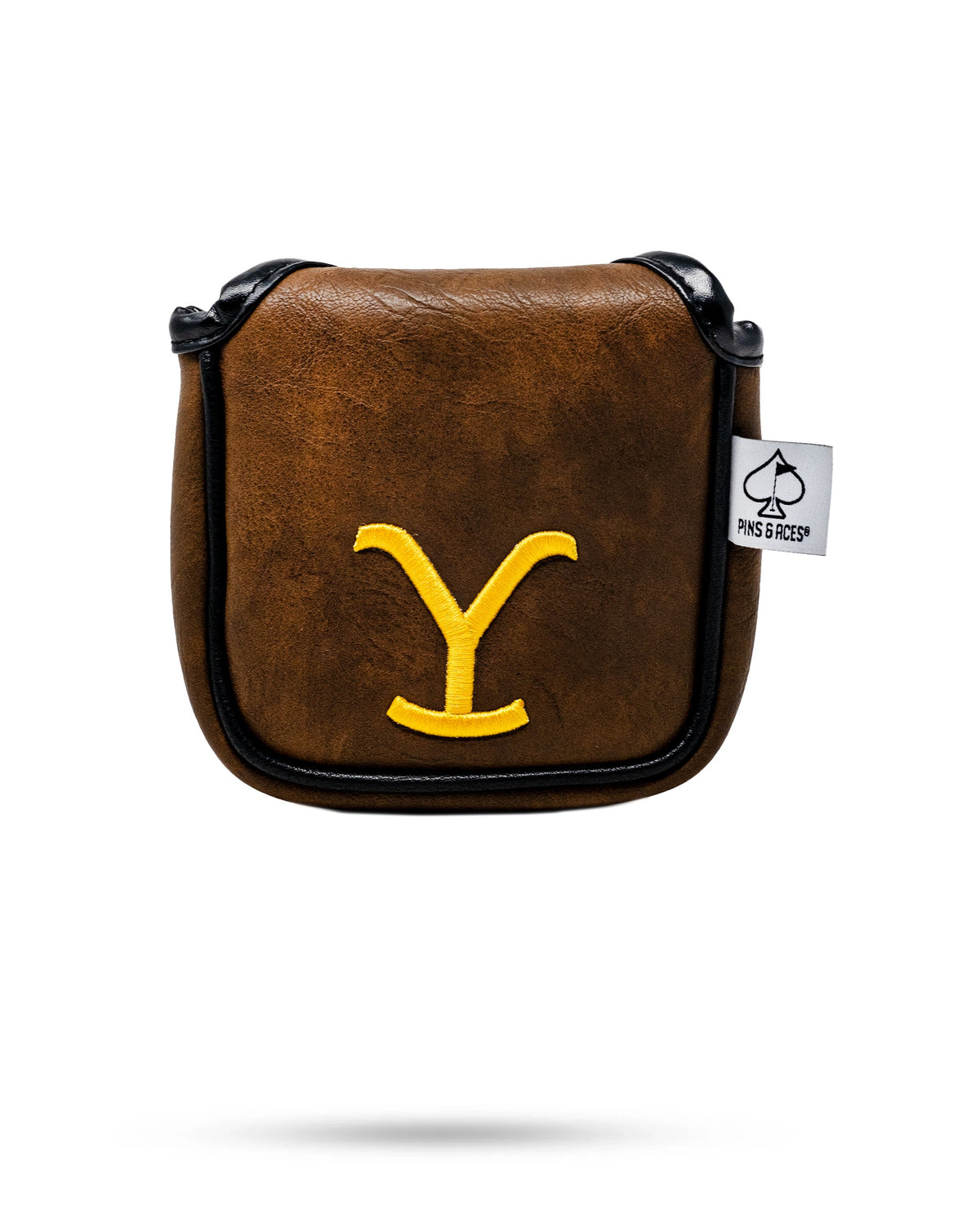Brown Yellowstone-themed mallet putter cover with embroidered yellow “Y” logo