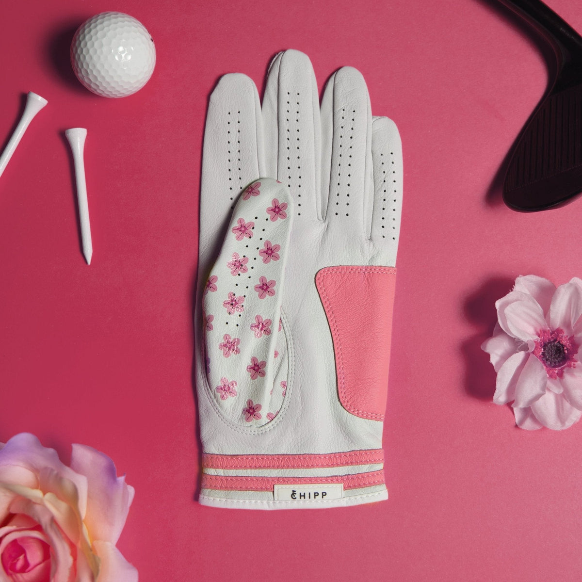 pink floral women’s golf glove with azalea pattern and cabretta leather
