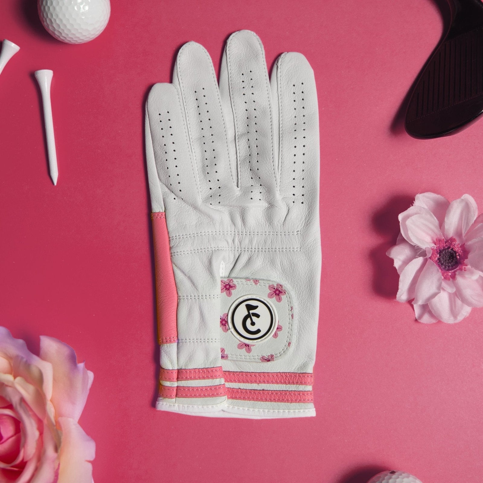 pink floral women’s golf glove with azalea pattern and cabretta leather