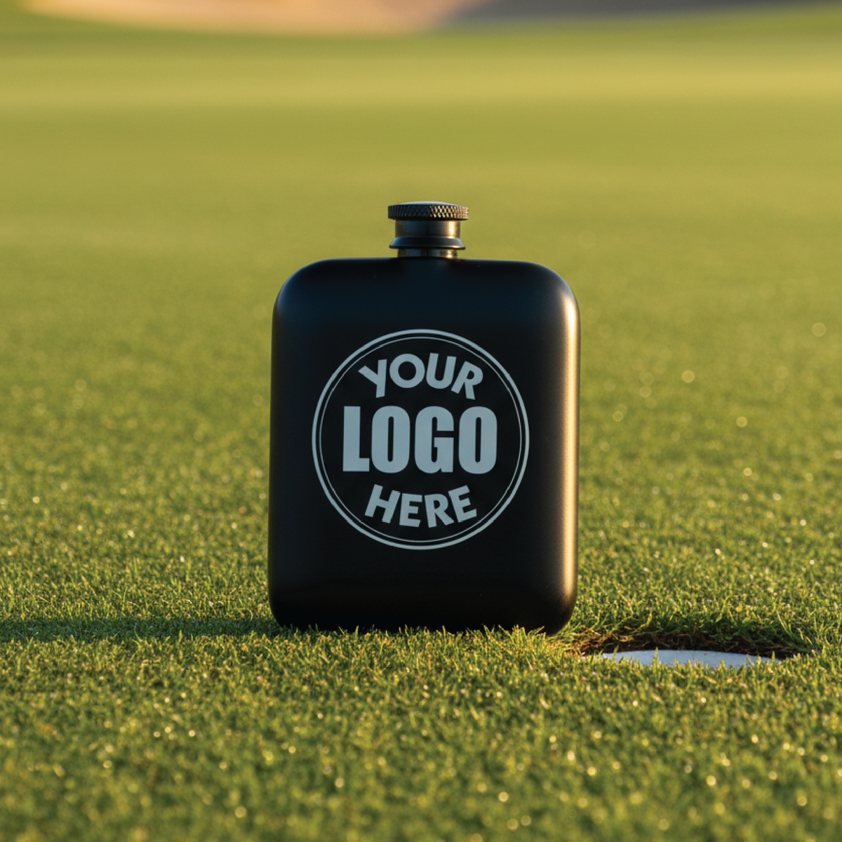 Black stainless steel flask on golf course grass with circular logo placeholder engraved on front and screw-top cap