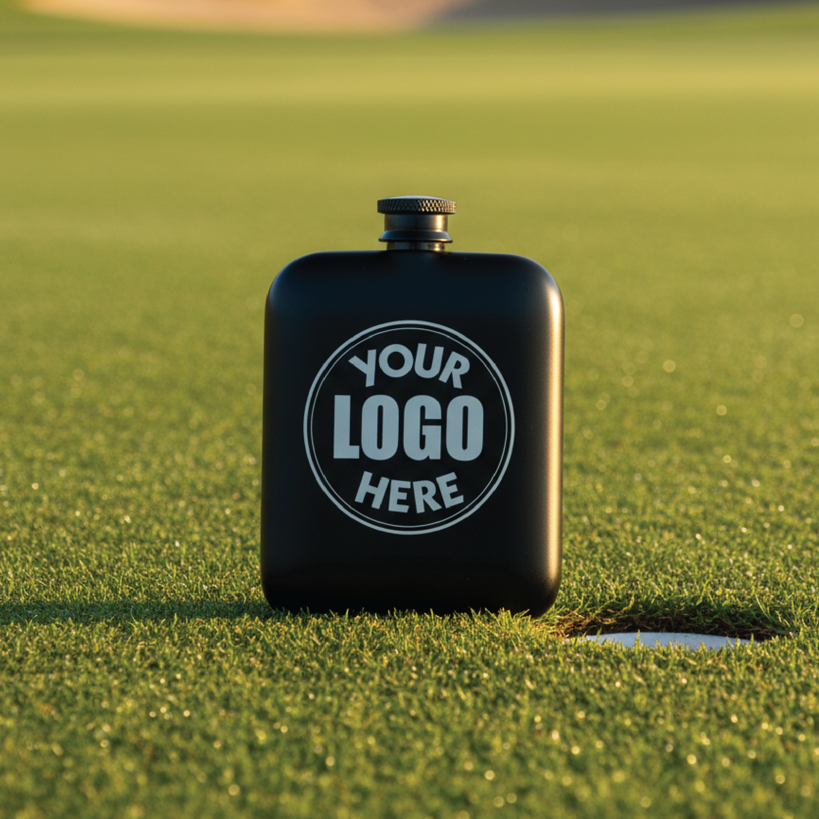 Black stainless steel flask on golf course grass with circular logo placeholder engraved on front and screw-top cap