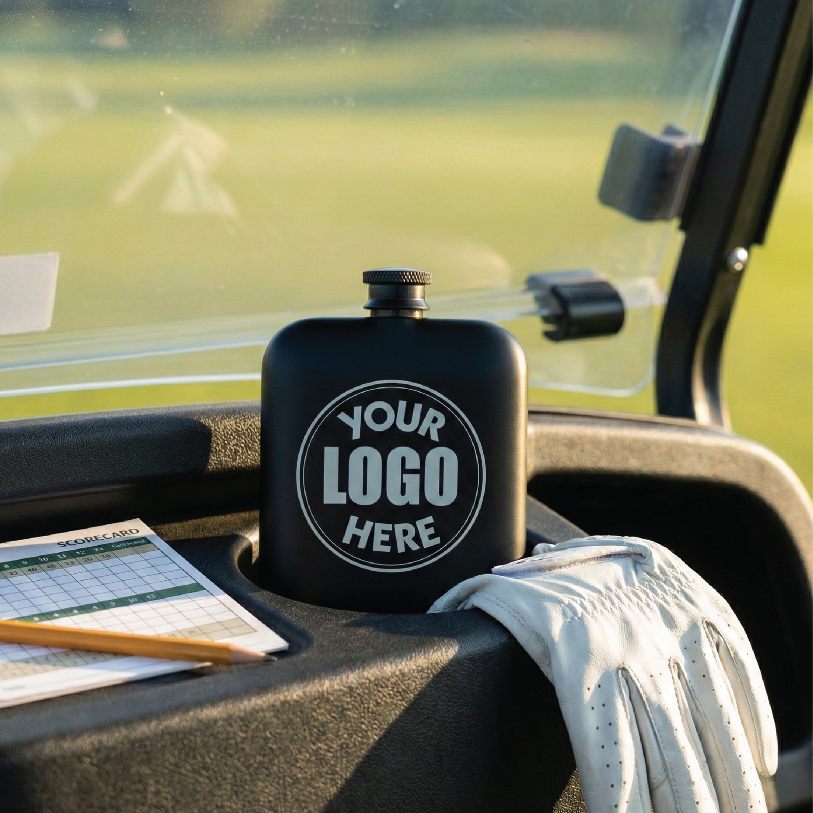 Black stainless steel golf flask with circular logo placeholder positioned in golf cart next to scorecard and golf gloves on green course background