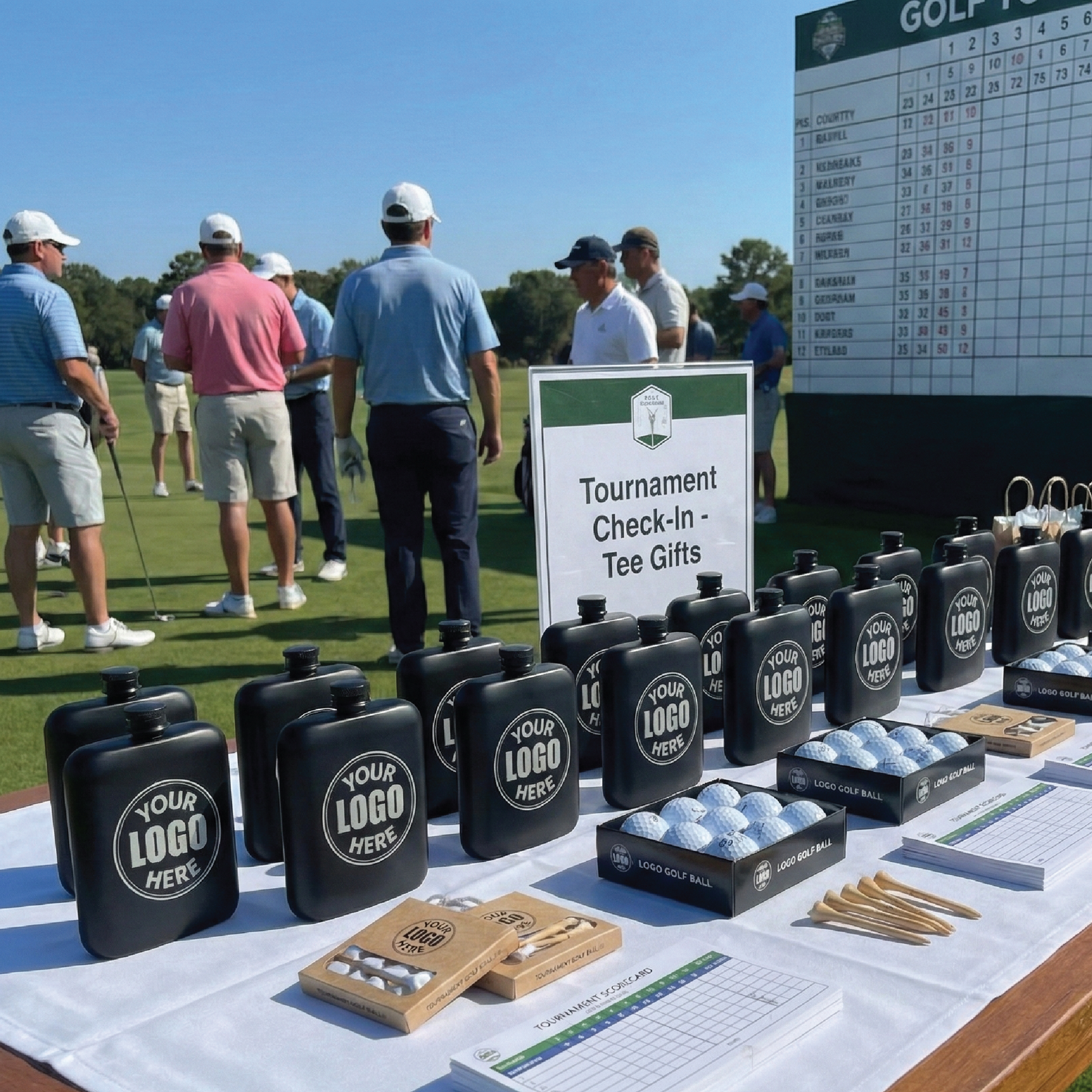 Tournament check-in table displaying multiple black golf flasks with sample logo placeholder text, golf balls, wooden tee holders, and scorecards on outdoor course with golfers in background.