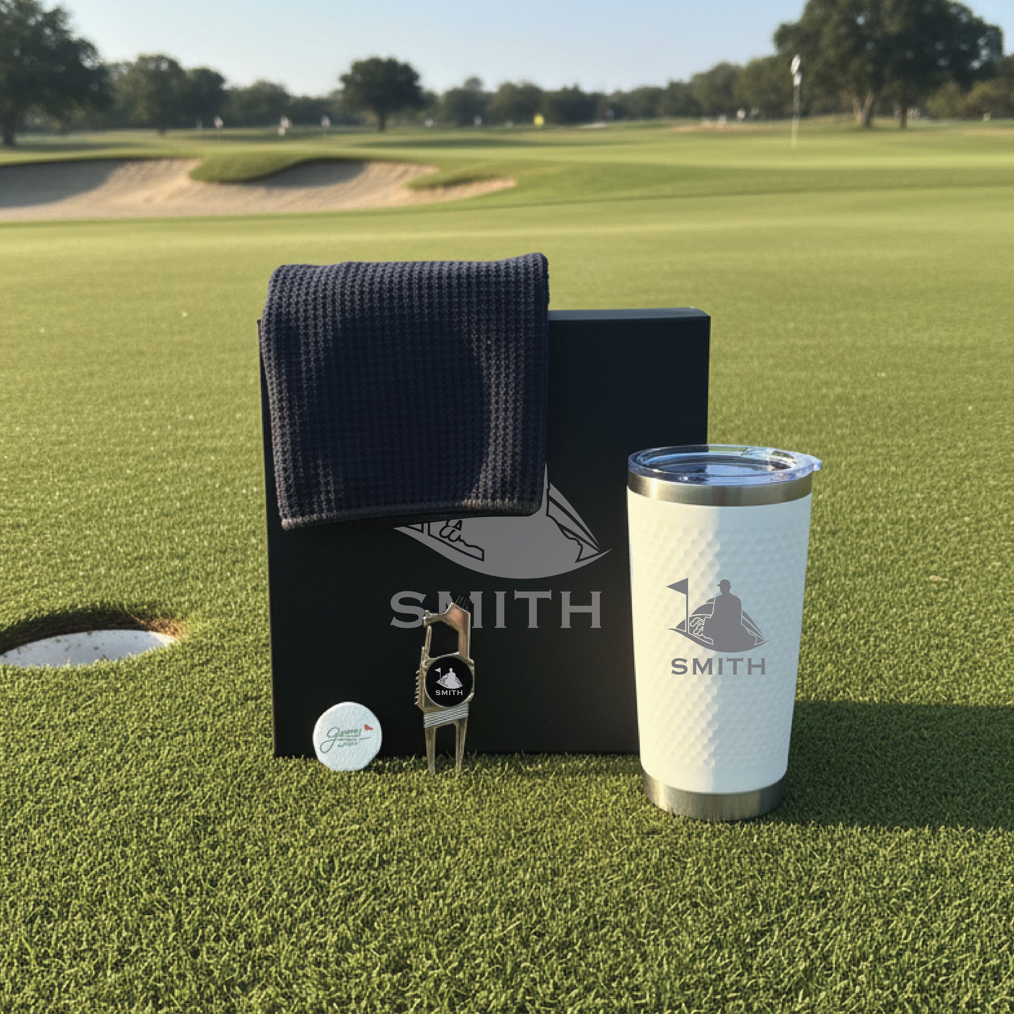 Birdie Personalized Golf Gift Set - Custom Tumbler Towel Divot