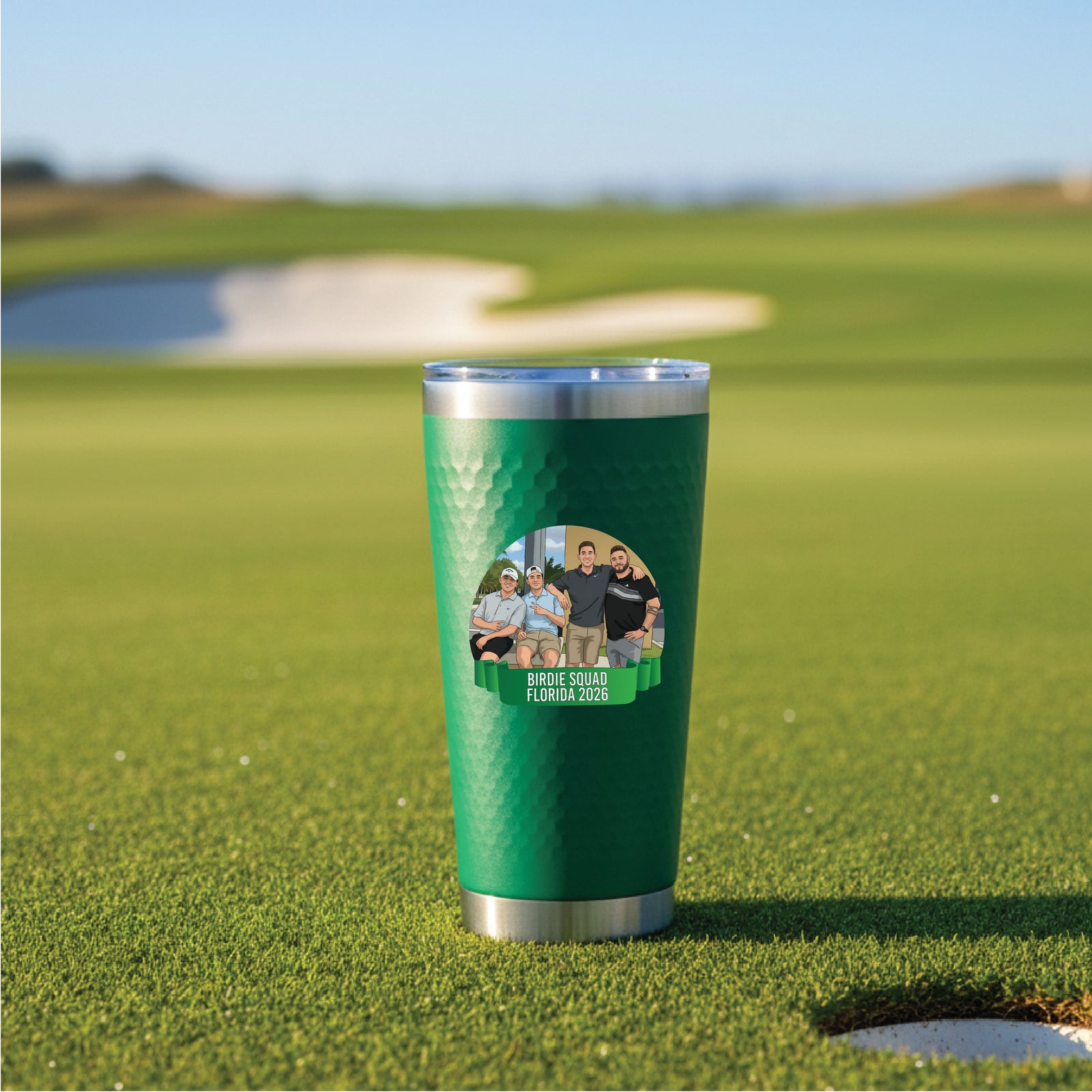 Green insulated tumbler with stainless steel bands displaying a custom photo graphic of five golfers labeled "Birdie Squad Florida 2026" on a golf course background.