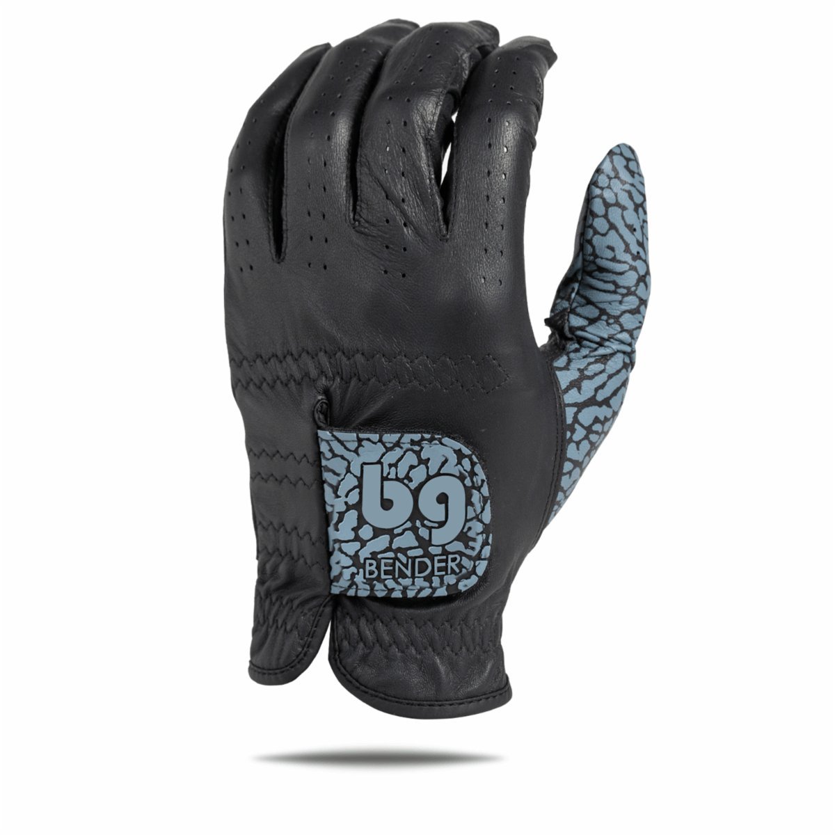 Black leather golf glove with perforated surface and blue crackle-pattern accent panel on palm featuring brand logo and text