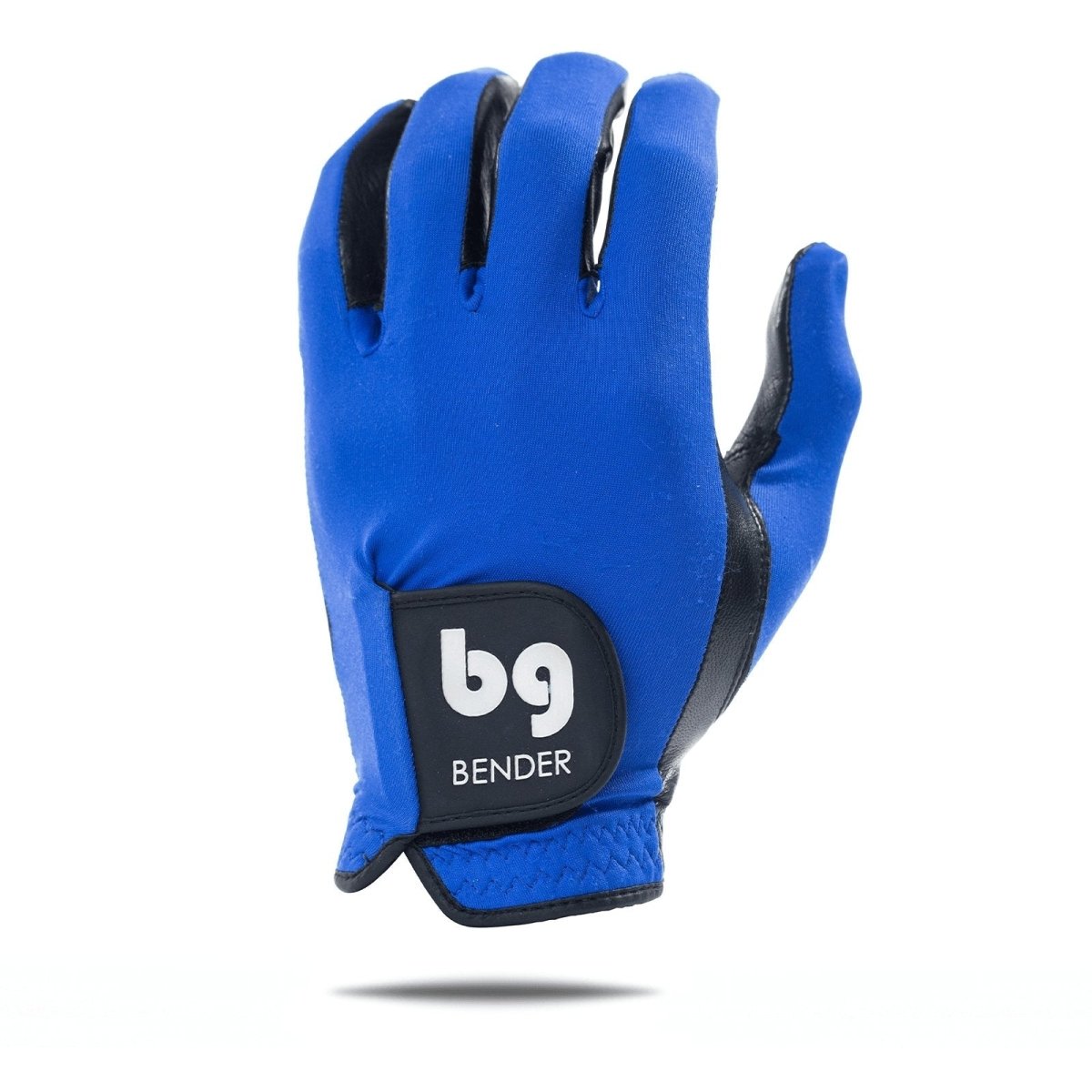 Blue spandex golf glove with black Cabretta leather palm and reinforced patch, shown from front view