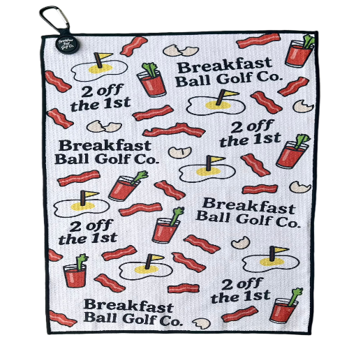 Breakfast Ball Golf Towel with fun breakfast graphics and magnetic attachment – microfiber, absorbent, and cart-ready.