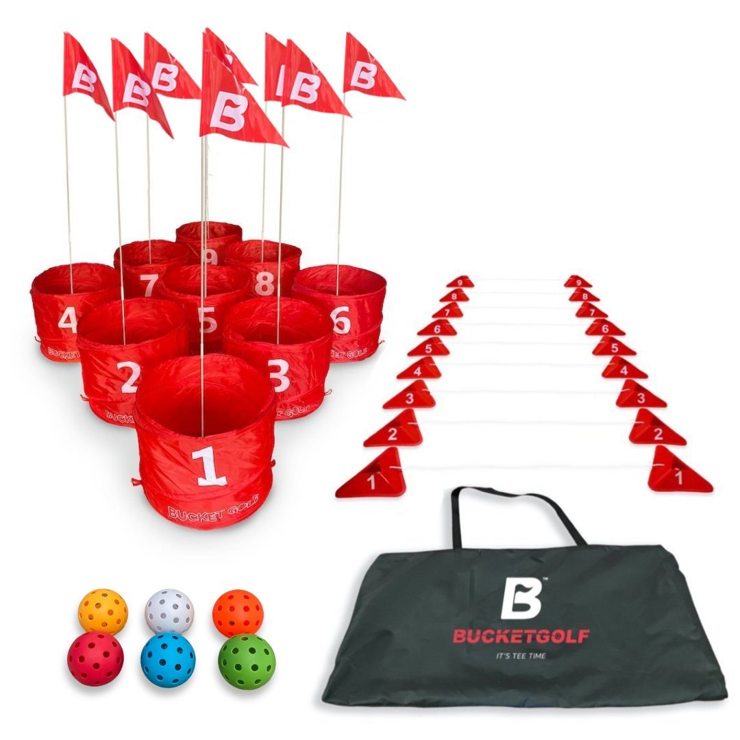 Portable 9-hole backyard golf game set with flagsticks and balls.