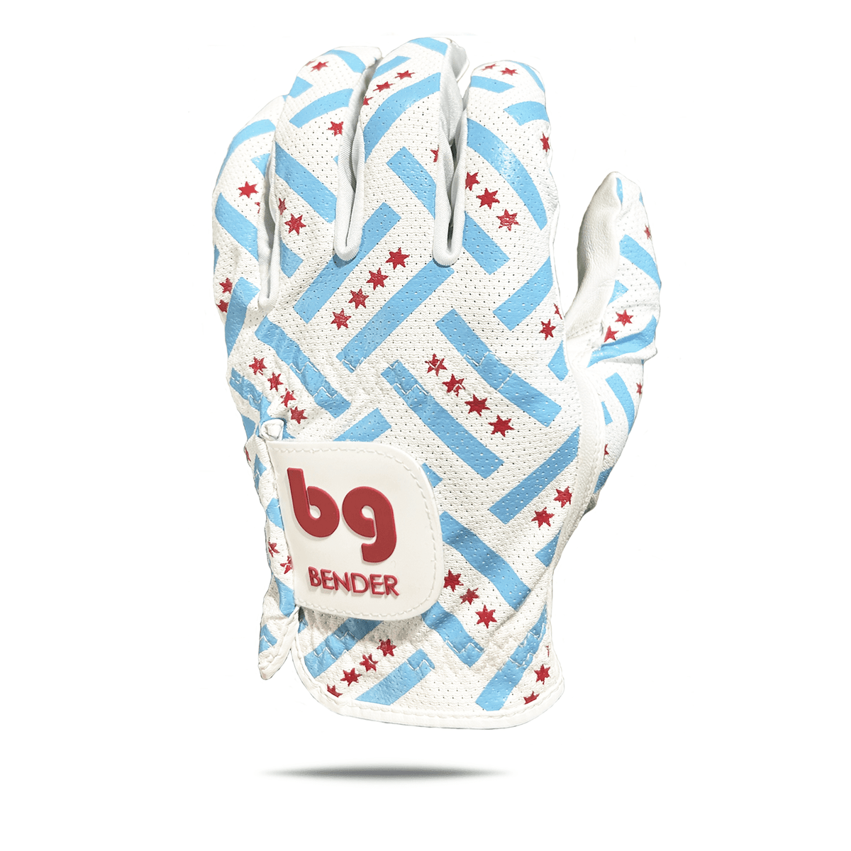 White mesh golf glove with Chicago city flag design featuring light blue bars and four red six-pointed stars, with AA cabretta leather palm
