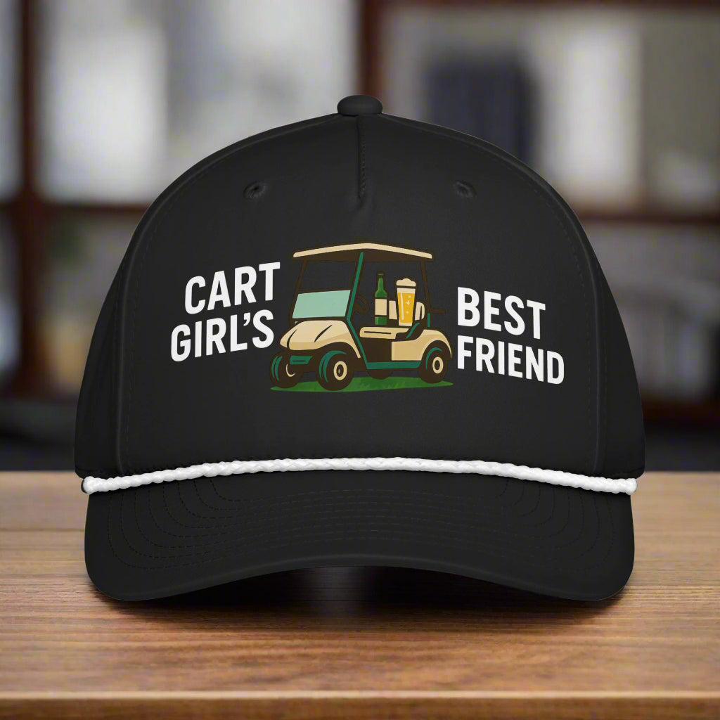 Funny golf hat with “Cart Girl’s Best Friend” and drink-filled golf cart graphic