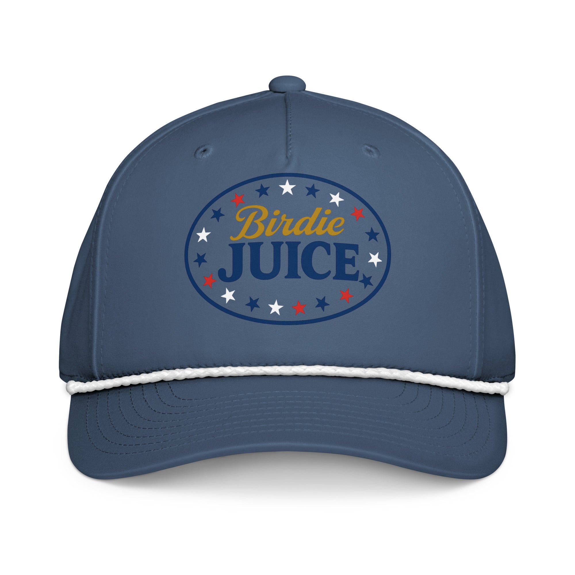 Funny golf hat with “Birdie Juice” patriotic logo in red, white, and blue