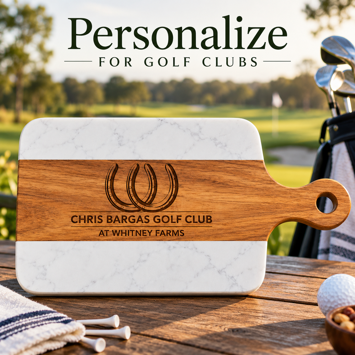 Custom logo charcuterie board engraved with a horseshoe club emblem and Chris Bargas Golf Club at Whitney Farms, displayed outdoors near a golf course.