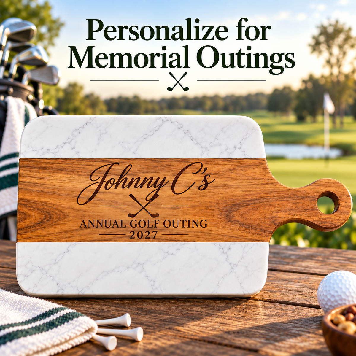 Personalized charcuterie board engraved with Johnny C's Annual Golf Outing and crossed clubs, set on a patio table with golf balls for a memorial outing.