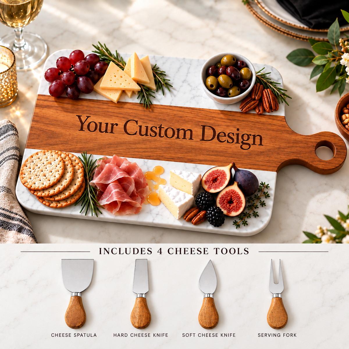 Custom logo charcuterie board styled with cheese, crackers, figs and grapes, above the four included cheese tools: a spatula, two knives and a fork.