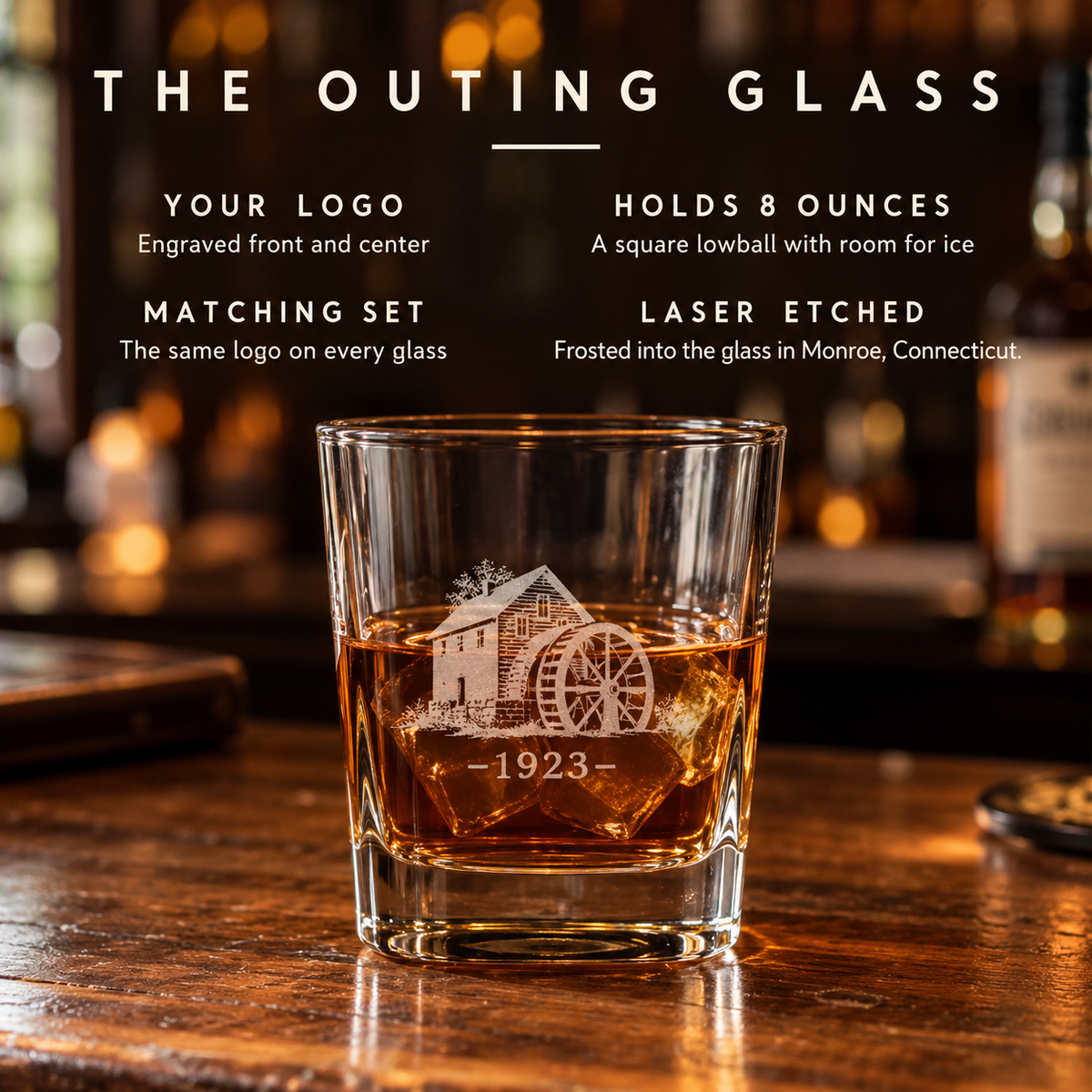 Details of the Swing 'n Sip custom logo whiskey glass for golf outings: your logo engraved front and center, holds 8 oz, the same logo on every glass