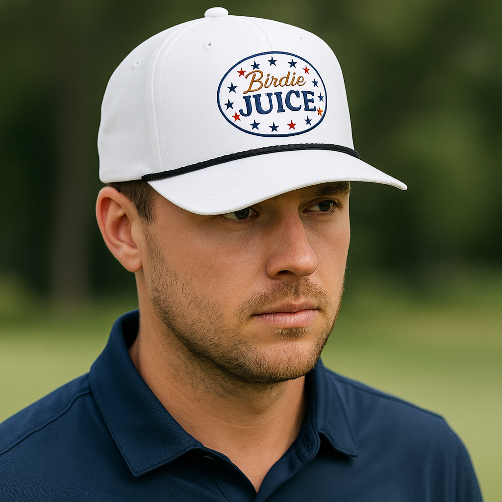 Funny golf hat with “Birdie Juice” patriotic logo in red, white, and blue