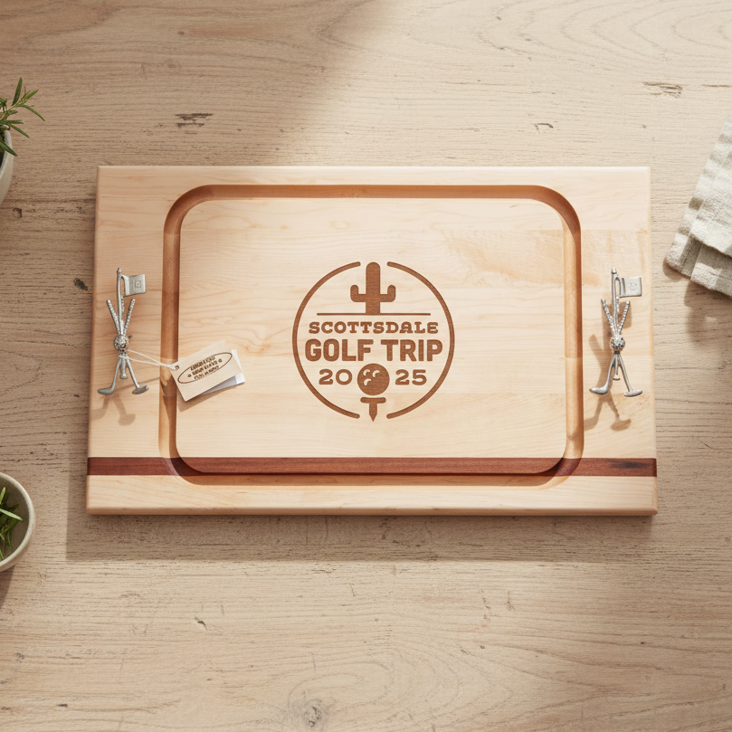 Wooden cutting board with engraved 'Scottsdale Golf Trip 2025' on a wooden table.