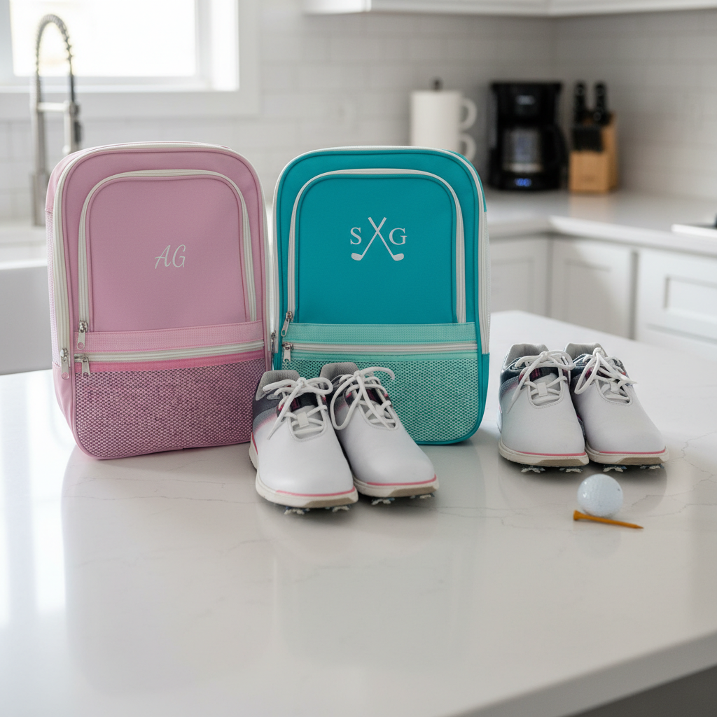 Pink and teal golf shoe bags with embroidered sample initials "AG" and "sXG" displayed on a kitchen counter with golf shoes and a golf ball