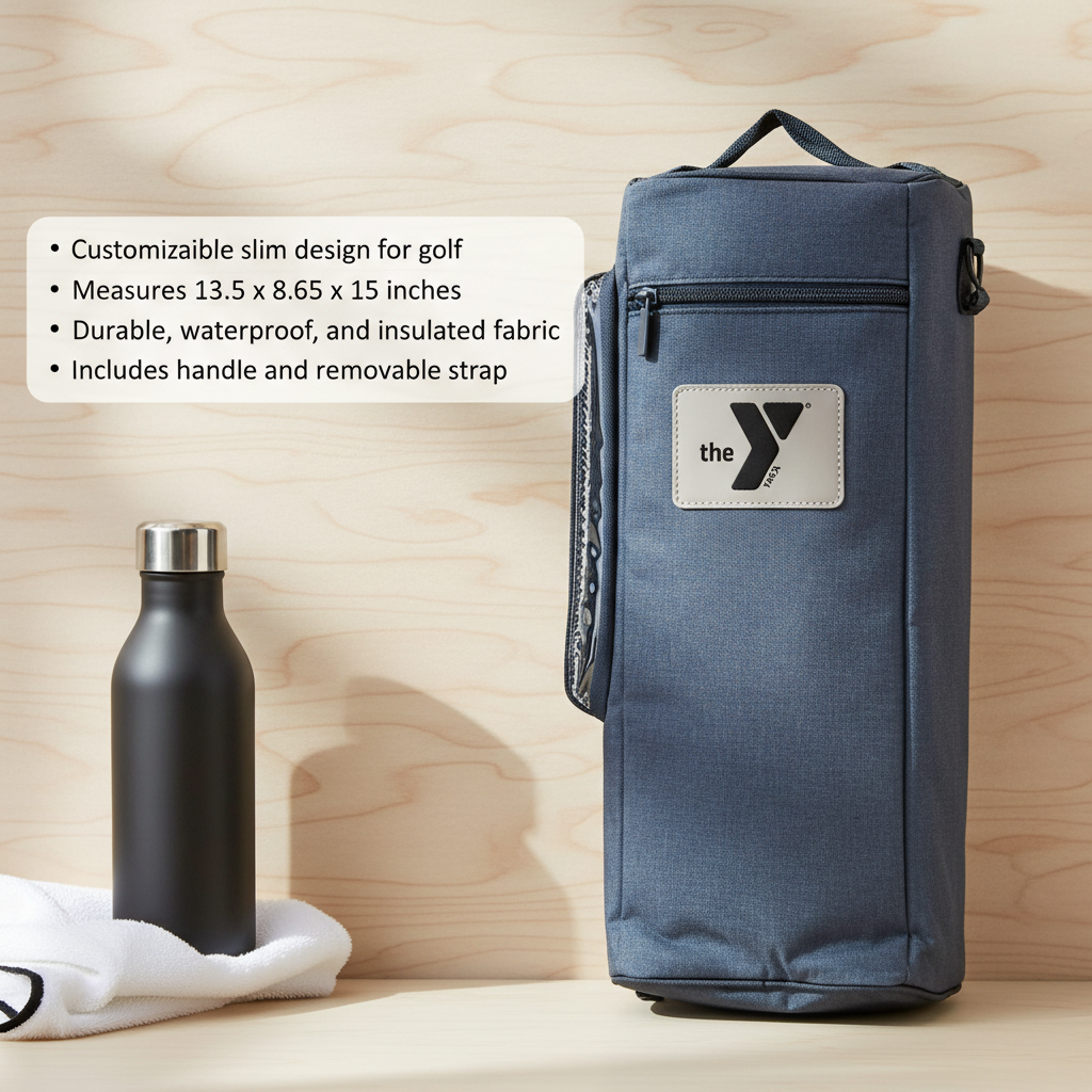 Denim cooler bag displayed with black insulated bottle and white towel, showing front patch and top handle on wooden surface