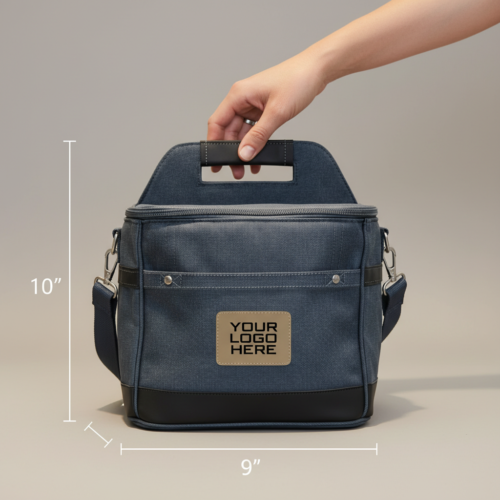 Navy 10" x 9" insulated cooler with tan patch showing "YOUR LOGO HERE" placeholder, padded carry handle, and adjustable shoulder strap, displayed with size reference