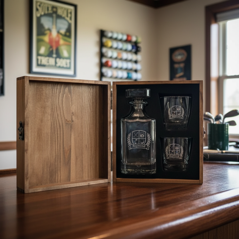 Golfer's Crest Personalized Decanter Box Set, custom golf gift for dad