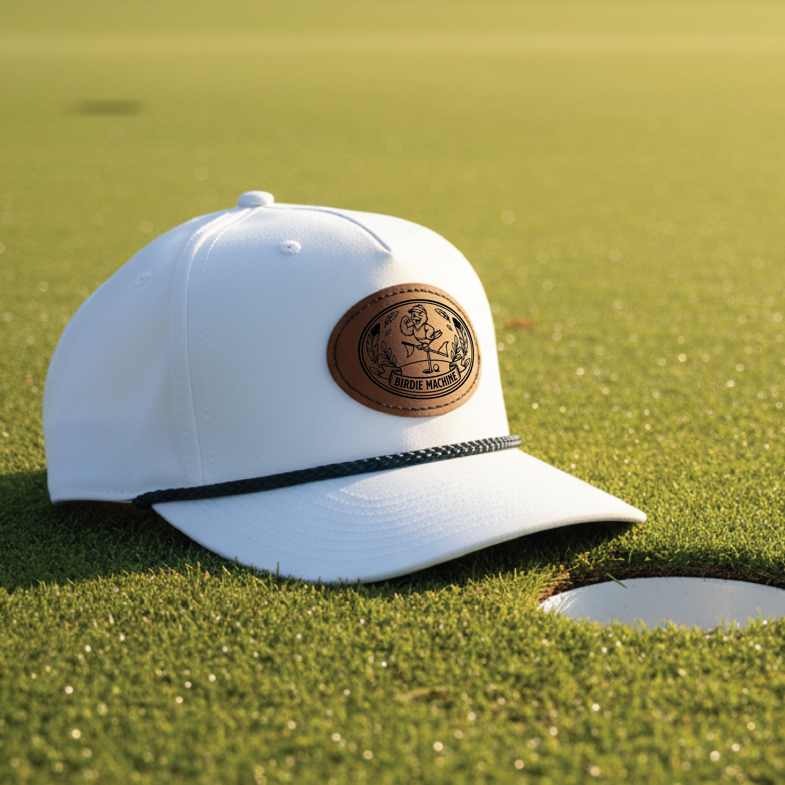 White structured golf hat with dark rope trim and brown leather patch featuring engraved "Birdie Machine" graphic, displayed on putting green next to cup.