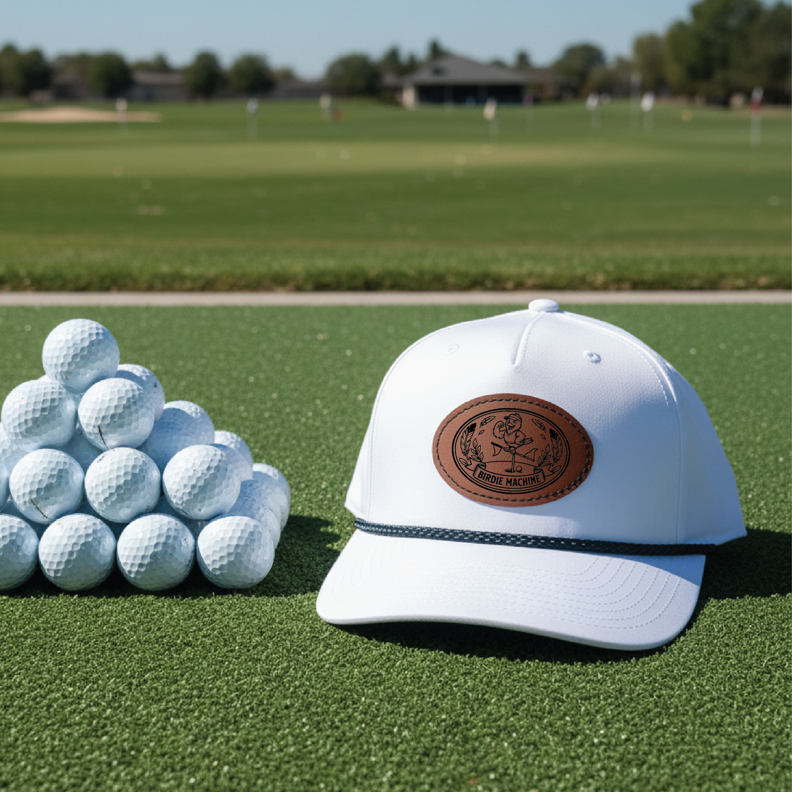 White golf hat with brown leather patch featuring "Birdie Machine" design, displayed on driving range with golf balls stacked nearby