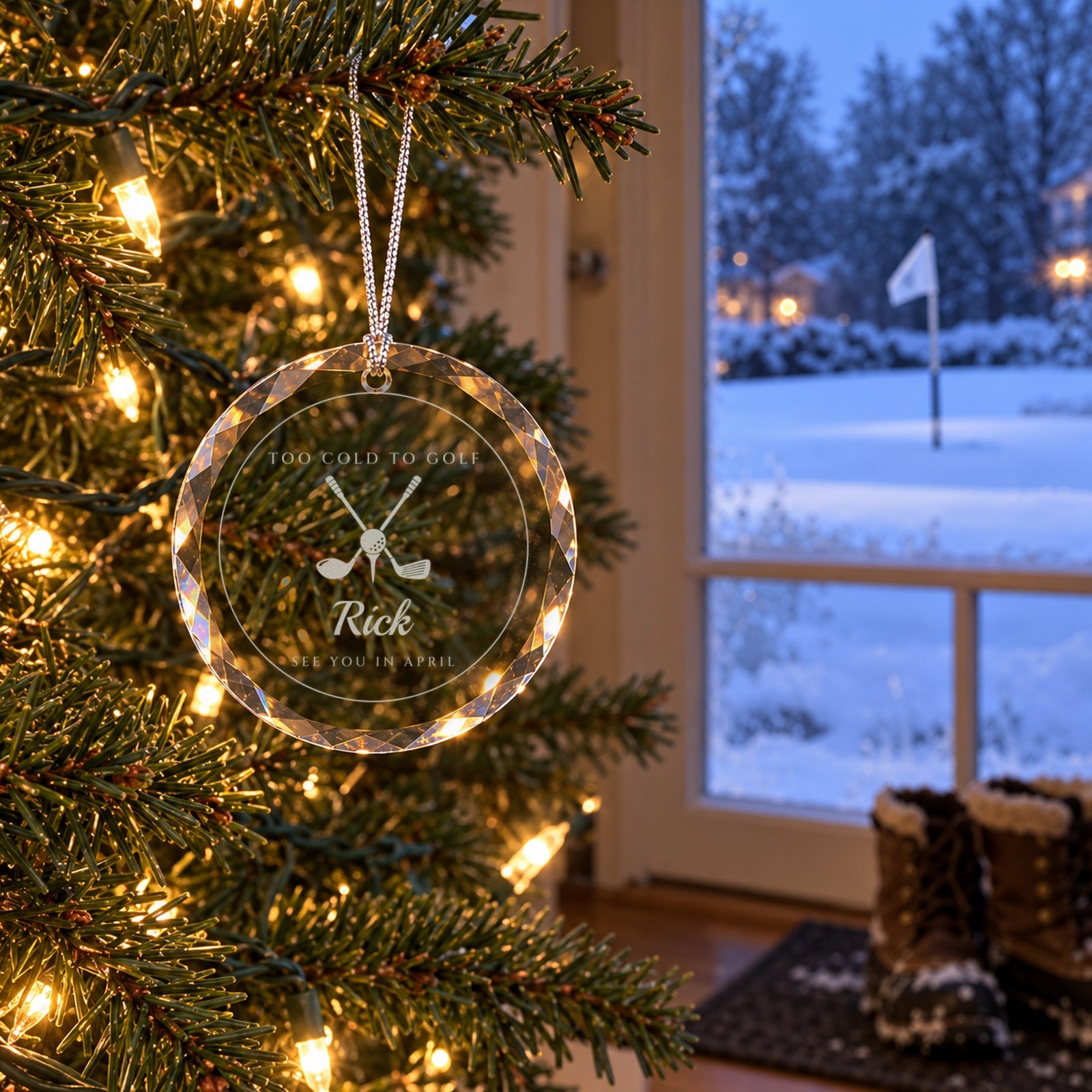 Funny golf ornament engraved TOO COLD TO GOLF, Rick, SEE YOU IN APRIL on a Christmas tree by a window with a snowy yard and golf flag