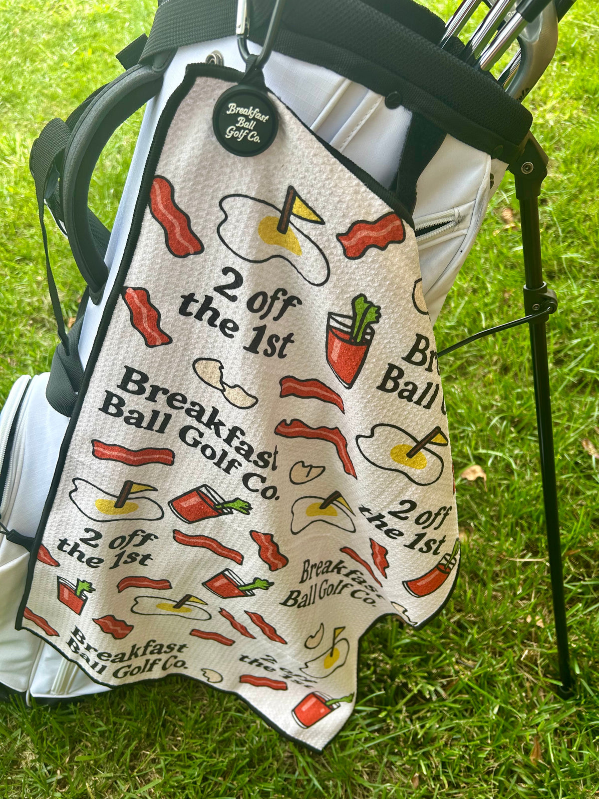Breakfast Ball Golf Towel with fun breakfast graphics and magnetic attachment – microfiber, absorbent, and cart-ready.