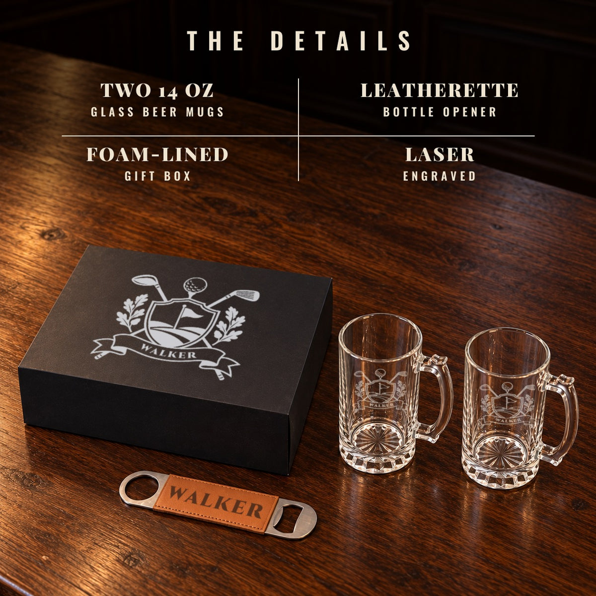 The details of the golf beer mug set: two 14 oz glass beer mugs, a faux leather bottle opener and a foam-lined black gift box, laser engraved