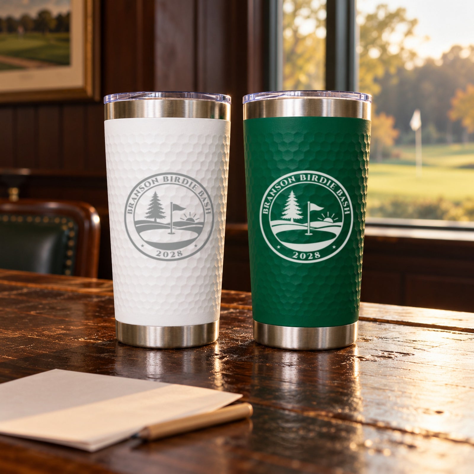 Green and white golf trip tumblers engraved Branson Birdie Bash 2028 side by side on a clubhouse bar, golf trip gifts for men