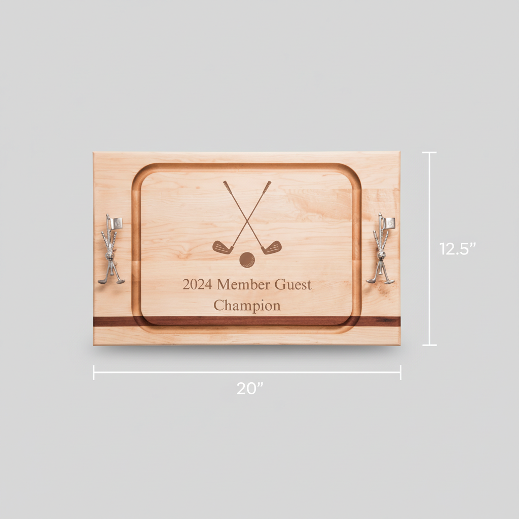 Wooden serving board with crossed golf clubs and ball design, engraved with sample text "2024 Member Guest Champion," metal handles on sides, 20" by 12.5