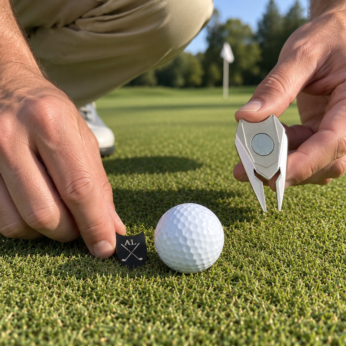 A golfer presses the engraved AL ball marker behind his ball on the putting green while holding the silver divot tool, a golf stocking stuffer