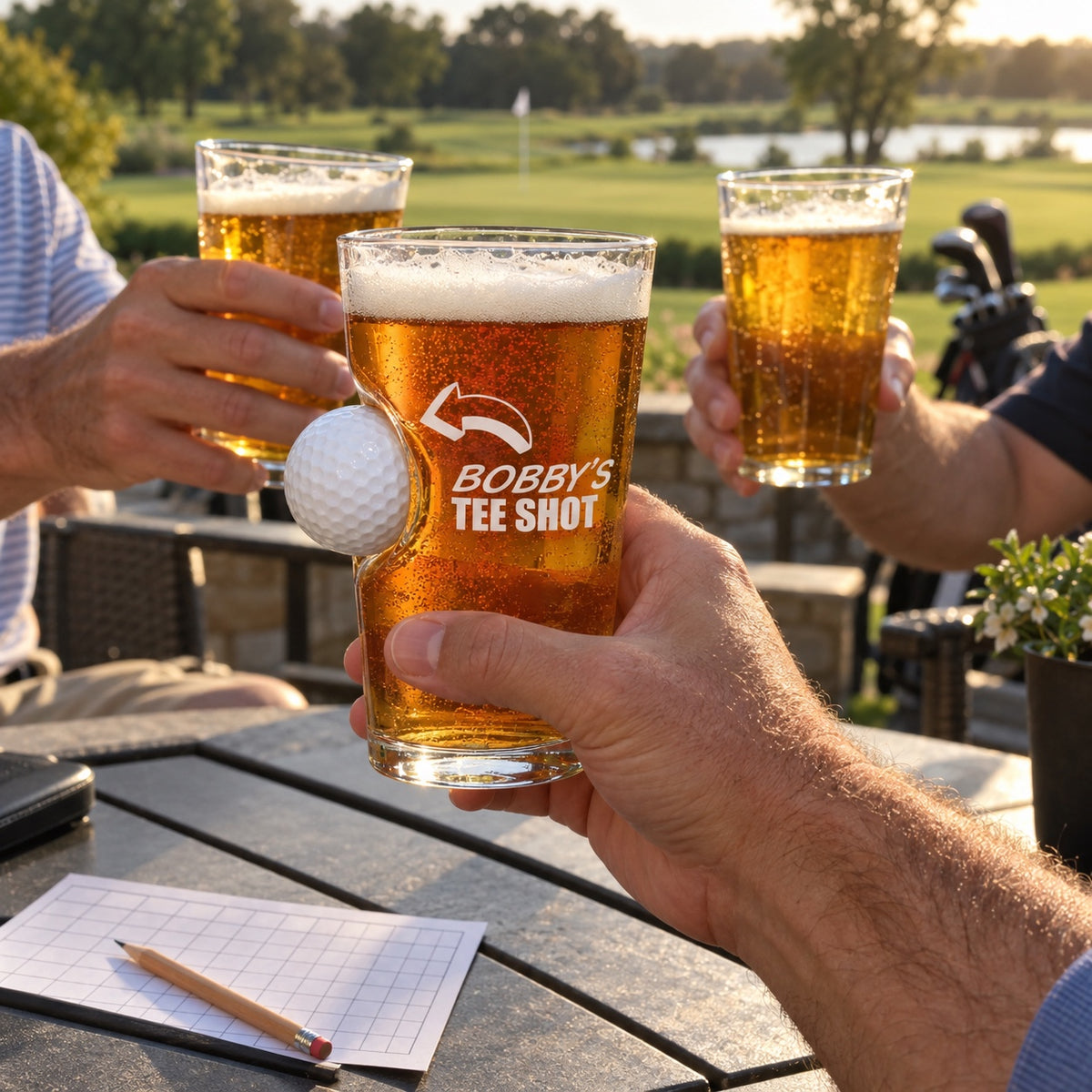 Golfers toasting at the 19th hole on a clubhouse patio, the front golf beer glass reading BOBBY'S TEE SHOT, a fun golf gift for men
