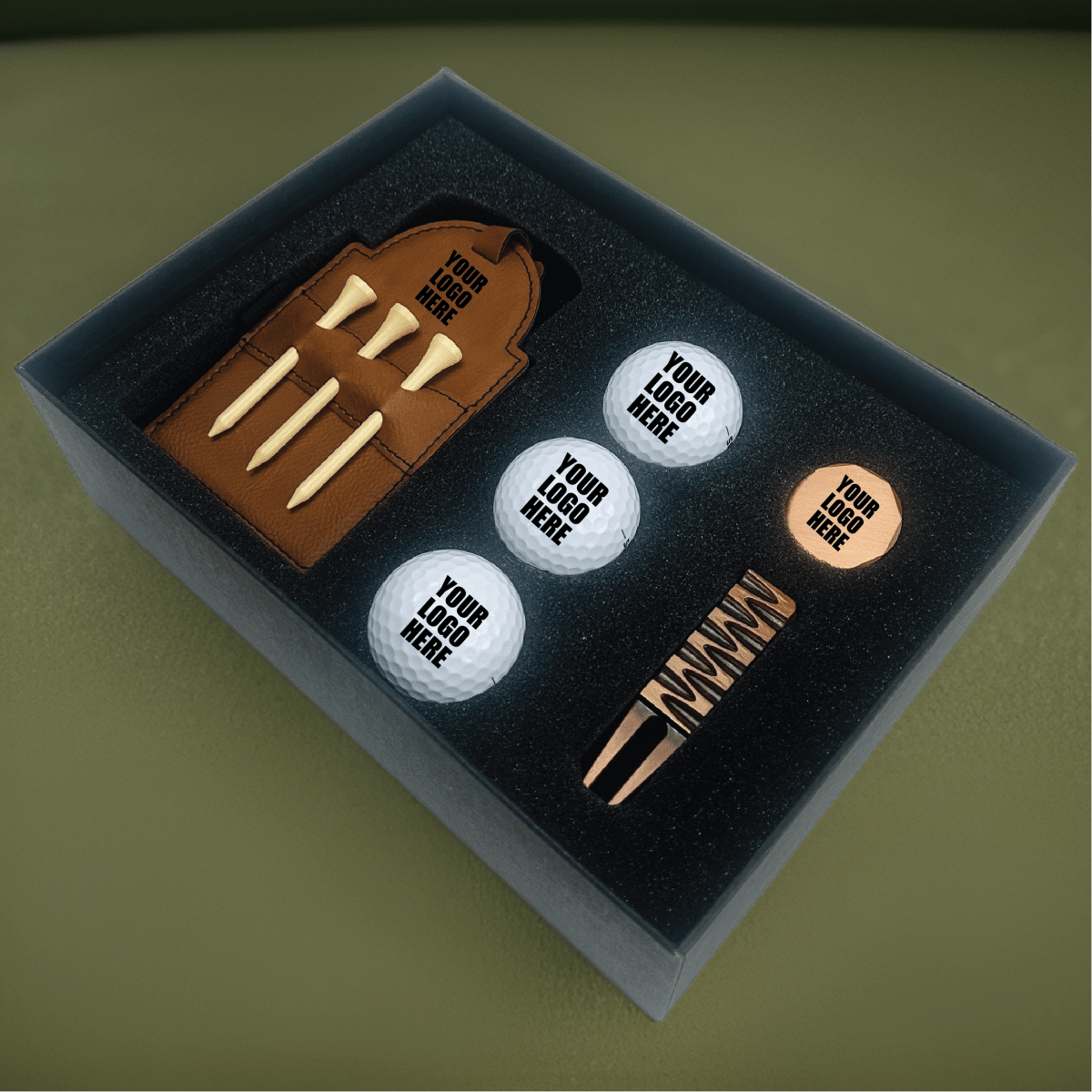 Personalized golf tournament gizmo set with bag tag, ball marker, and divot tool