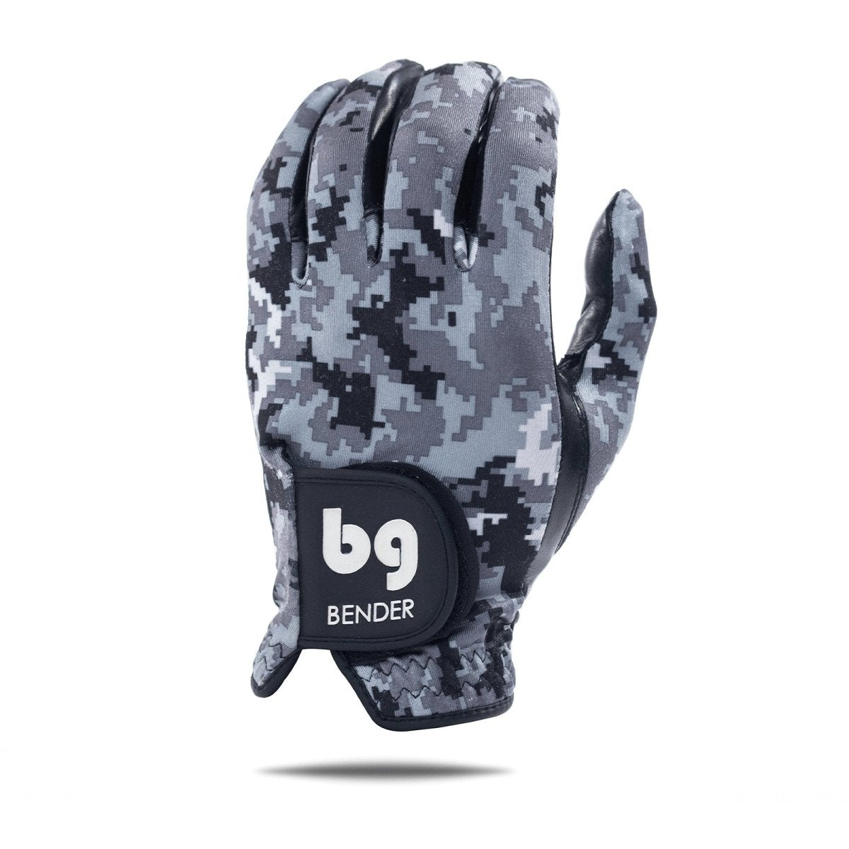 Gray digital camouflage golf glove with spandex back, black leather palm patch, and white Bender logo on wrist strap