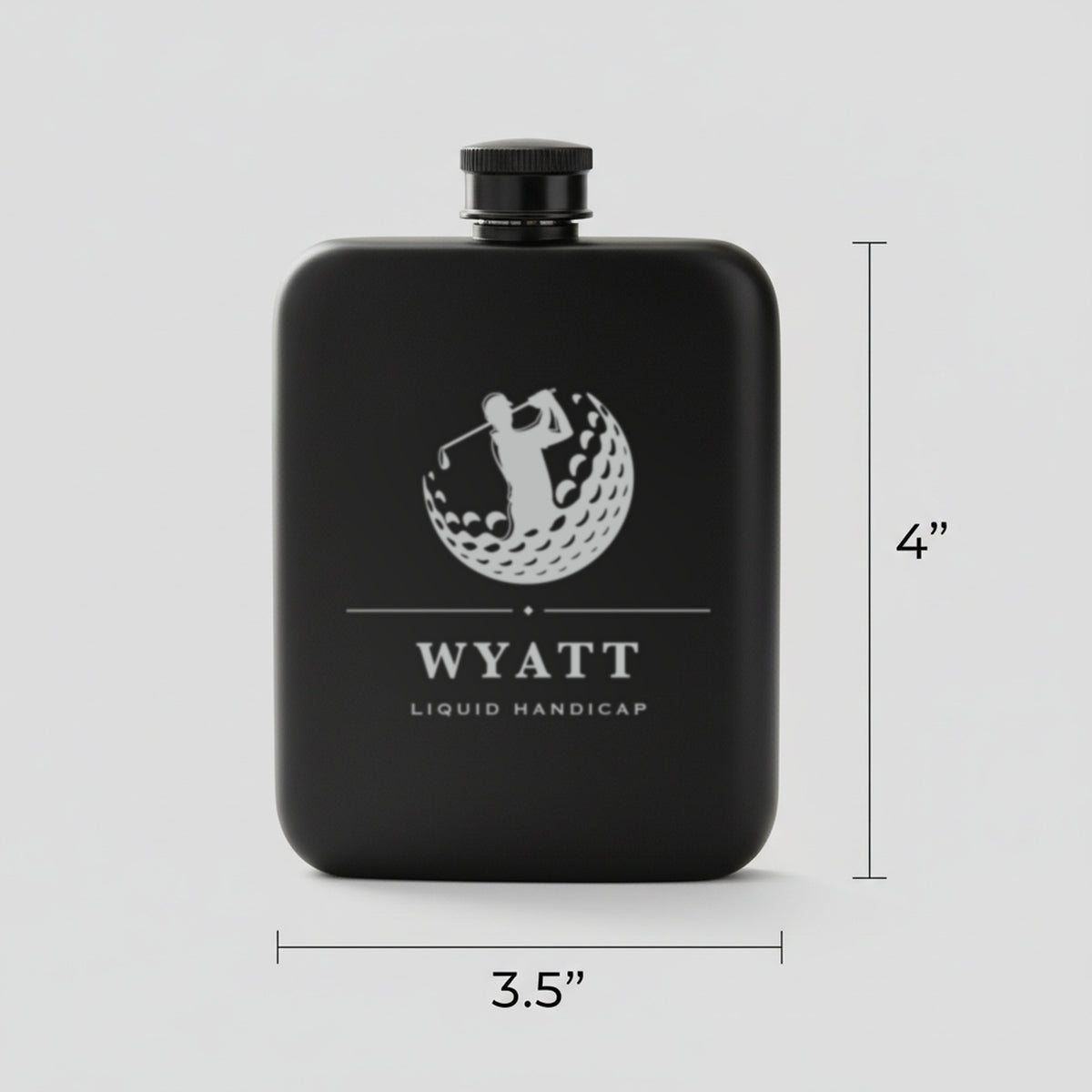 Size guide for the engraved golf flask reading Liquid Handicap, 3.5 inches wide by 4 inches tall, holding 6 ounces.