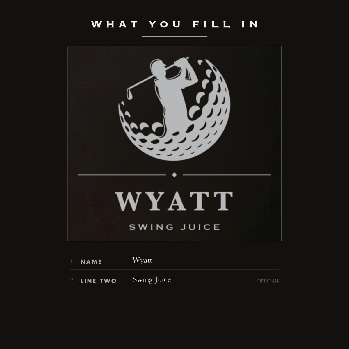 The two personalization fields on the golf flask, your name plus one optional line such as Swing Juice or Birdie Juice.