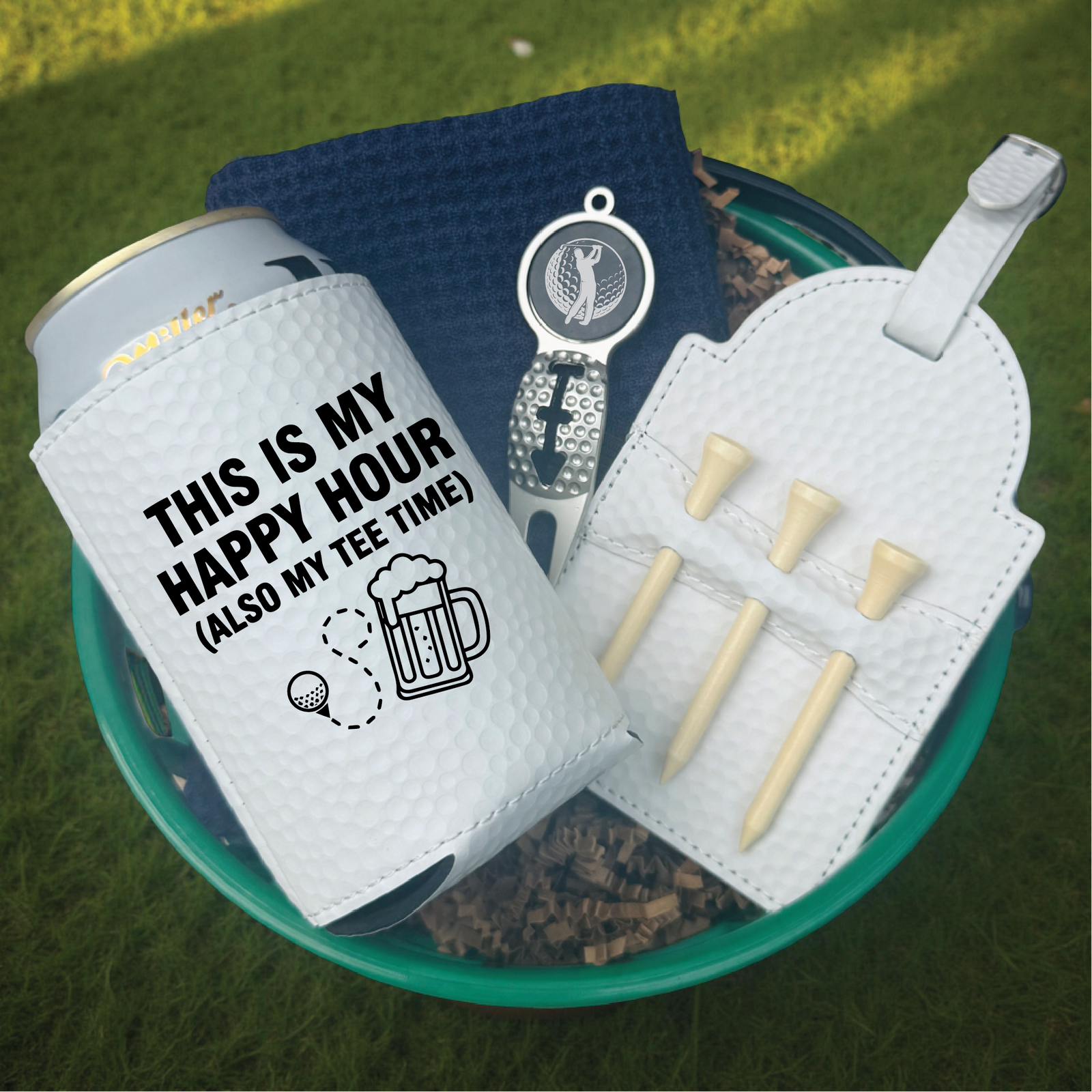 Golf gift basket with koozie, divot tool, tees, towel, bag tag, and golf accessories – perfect gift for men or tournament prize.